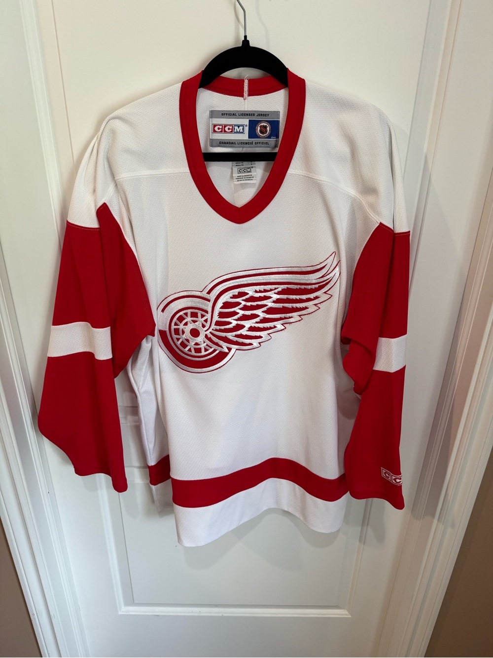 CCM White and Red Detroit Wings Hockey Jersey